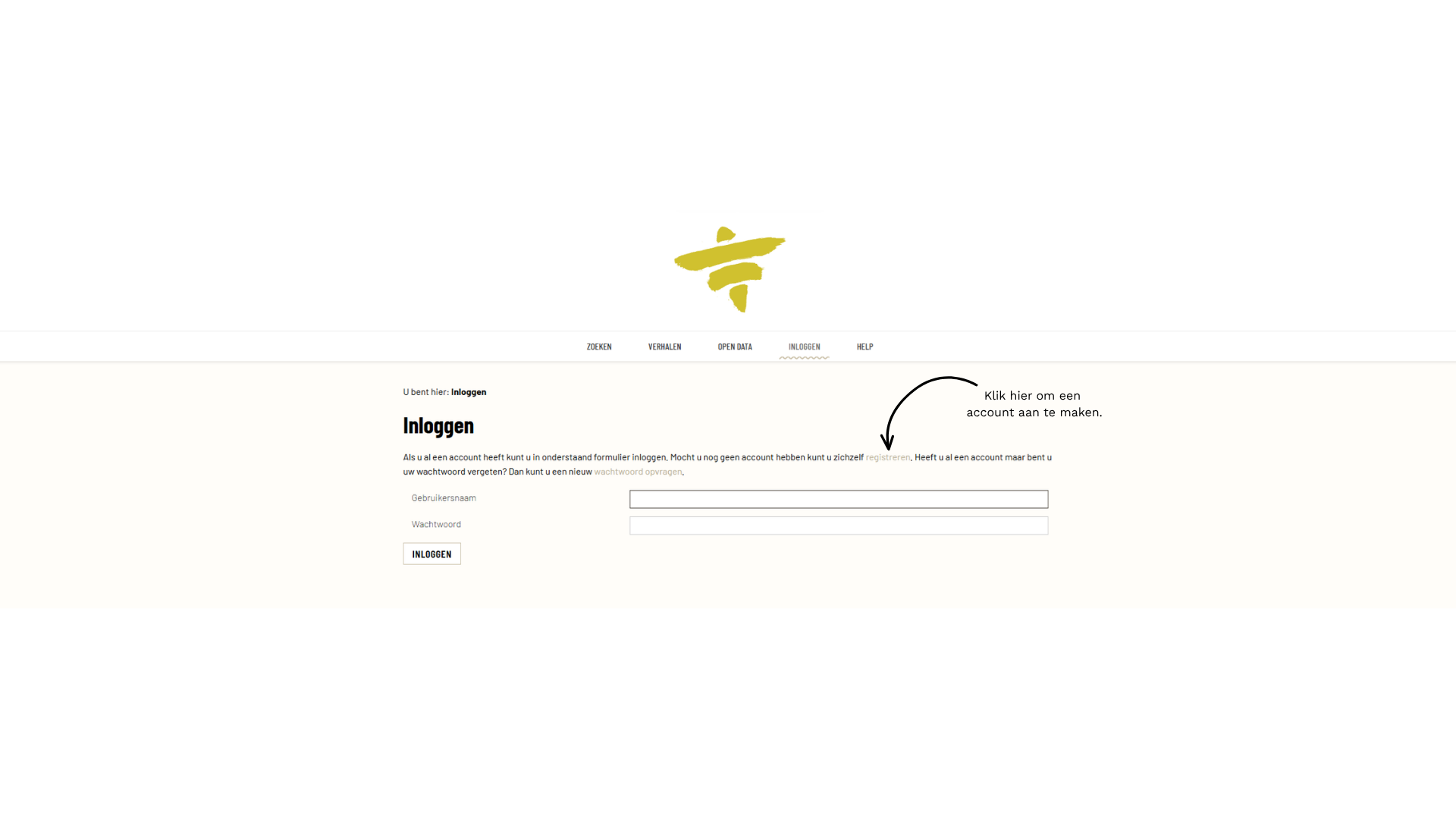 Hetzelfde inlogscherm; een pijl wijst naar de link registreren, om een account aan te maken