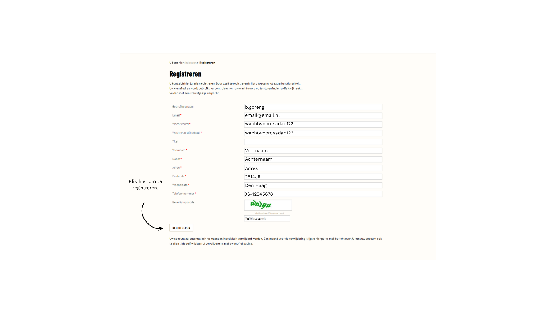 Het registratieformulier met naam, adres en een beveiligingscode; een pijl wijst naar de knop Registreren