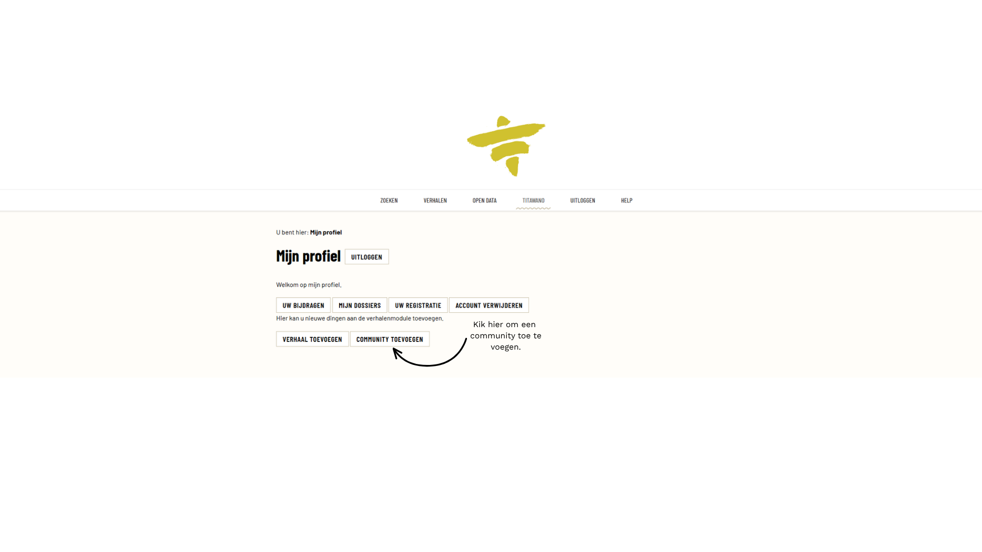 De pagina Mijn profiel; een pijl wijst naar de knop Community toevoegen