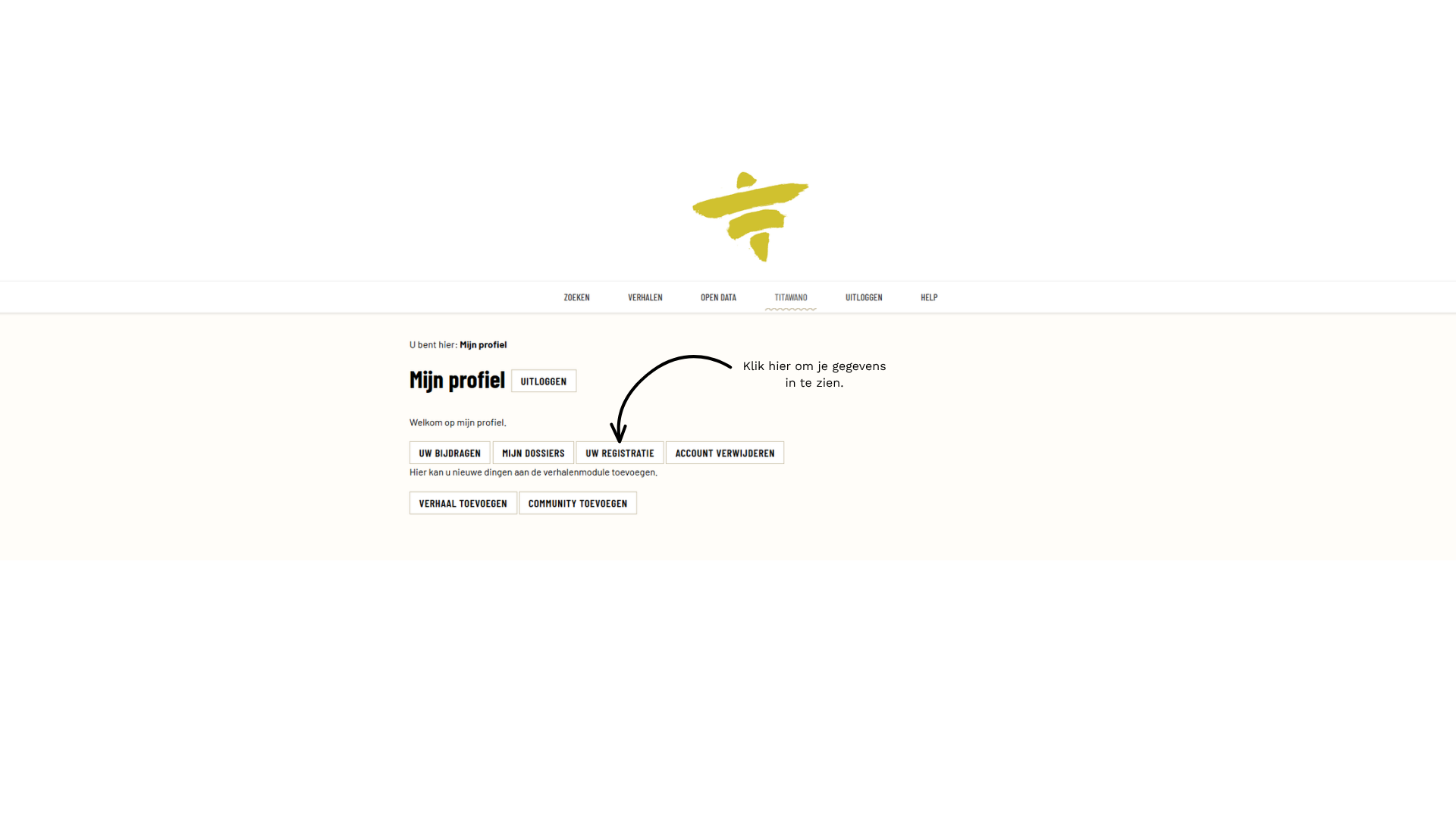 De pagina Mijn profiel; een pijl wijst naar de knop Uw registratie, met je eigen gegevens