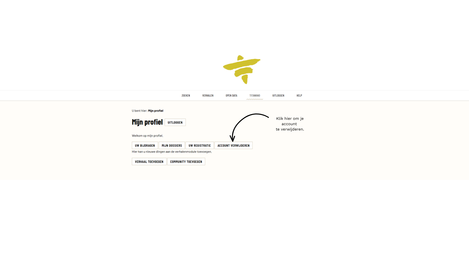 De pagina Mijn profiel; een pijl wijst naar de knop Account verwijderen