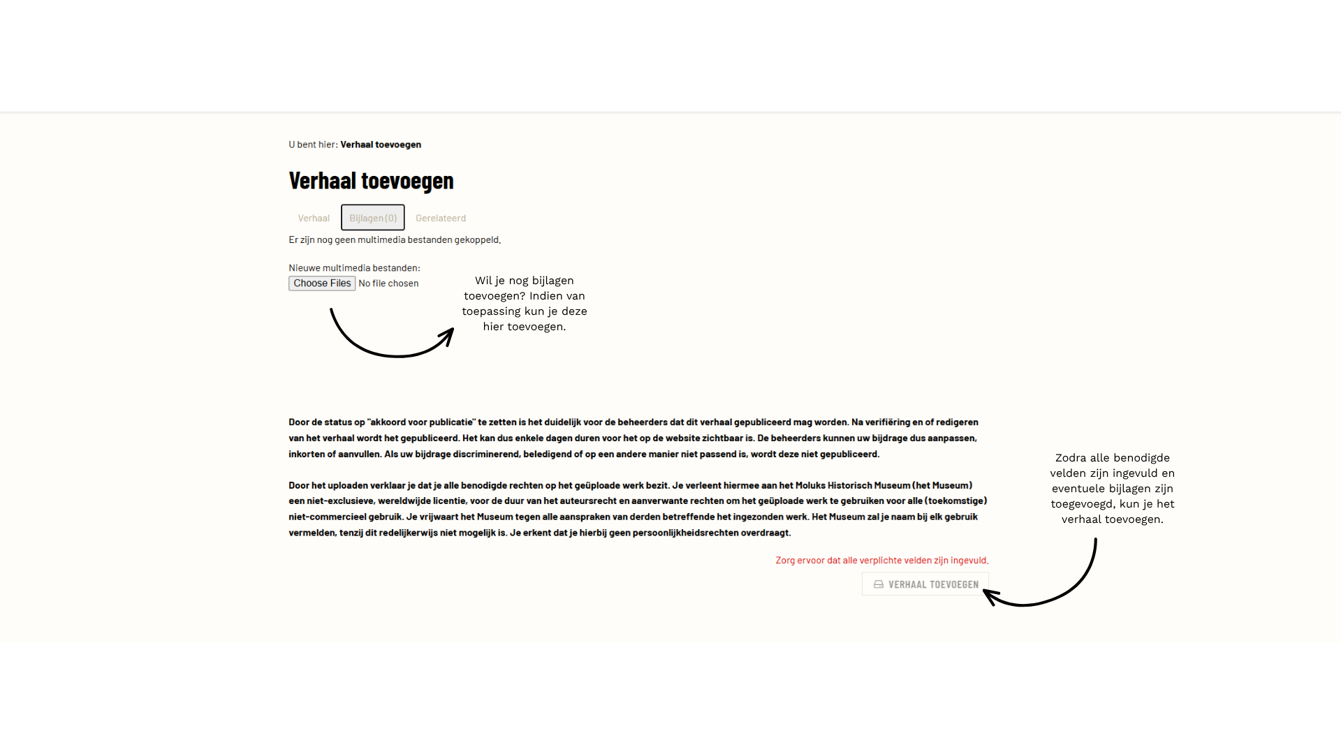 Het tabblad Bijlagen, waar je multimediabestanden aan je verhaal koppelt