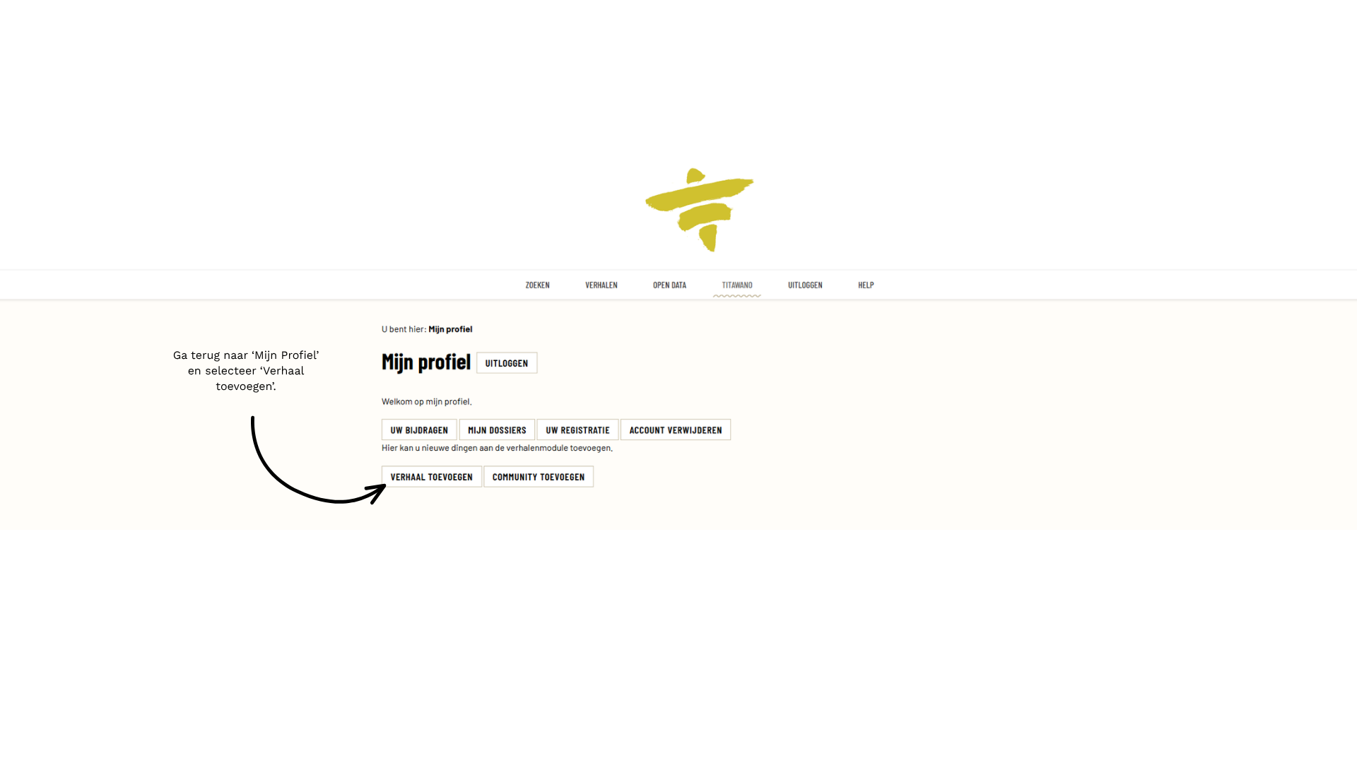De pagina Mijn profiel; een pijl wijst terug naar de knop Verhaal toevoegen